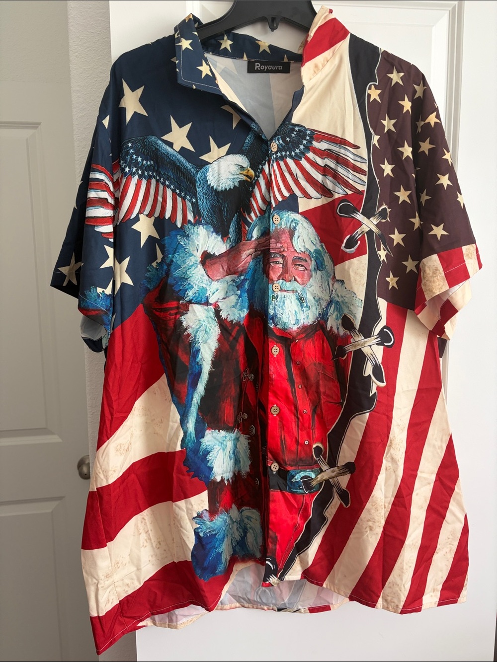 Men's Patriotic Eagle & Santa Christmas Short-Sleeve Button-Up